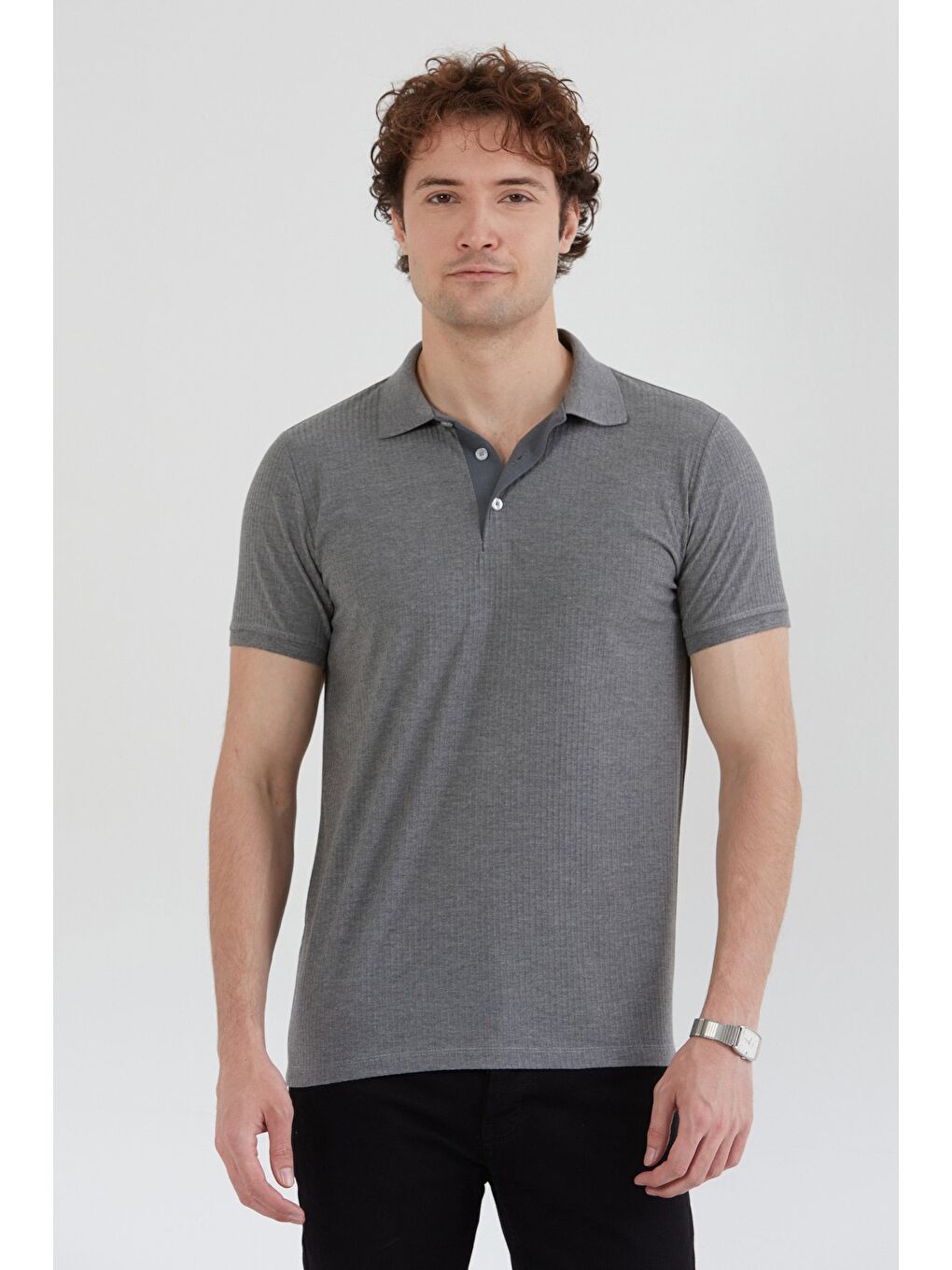 Gri Fitilli Düğmeli Polo Yaka Slim Fit Tişört