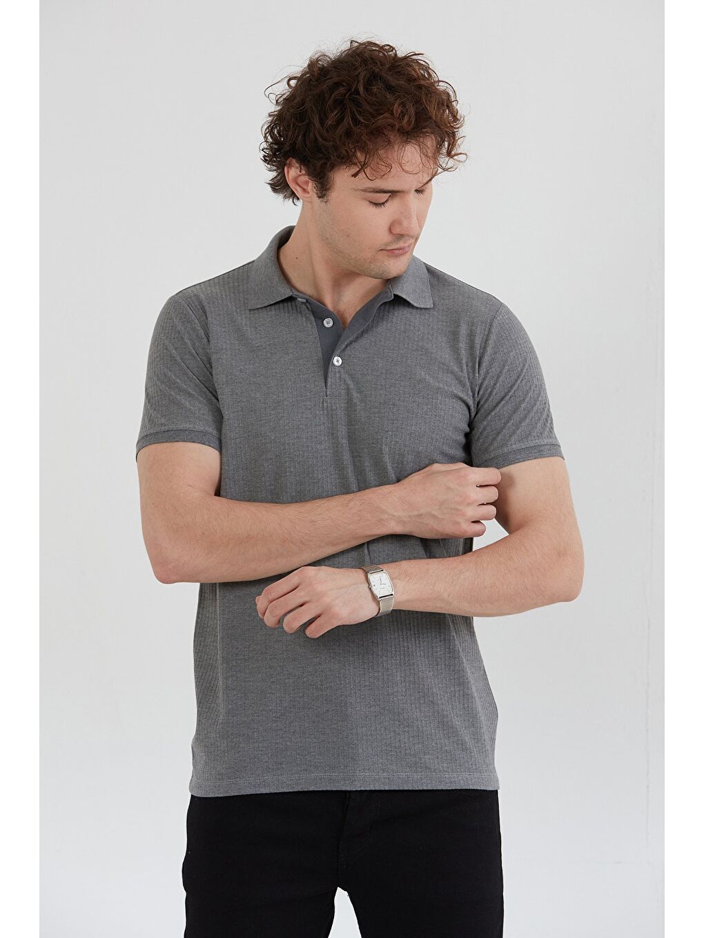 Gri Fitilli Düğmeli Polo Yaka Slim Fit Tişört-1