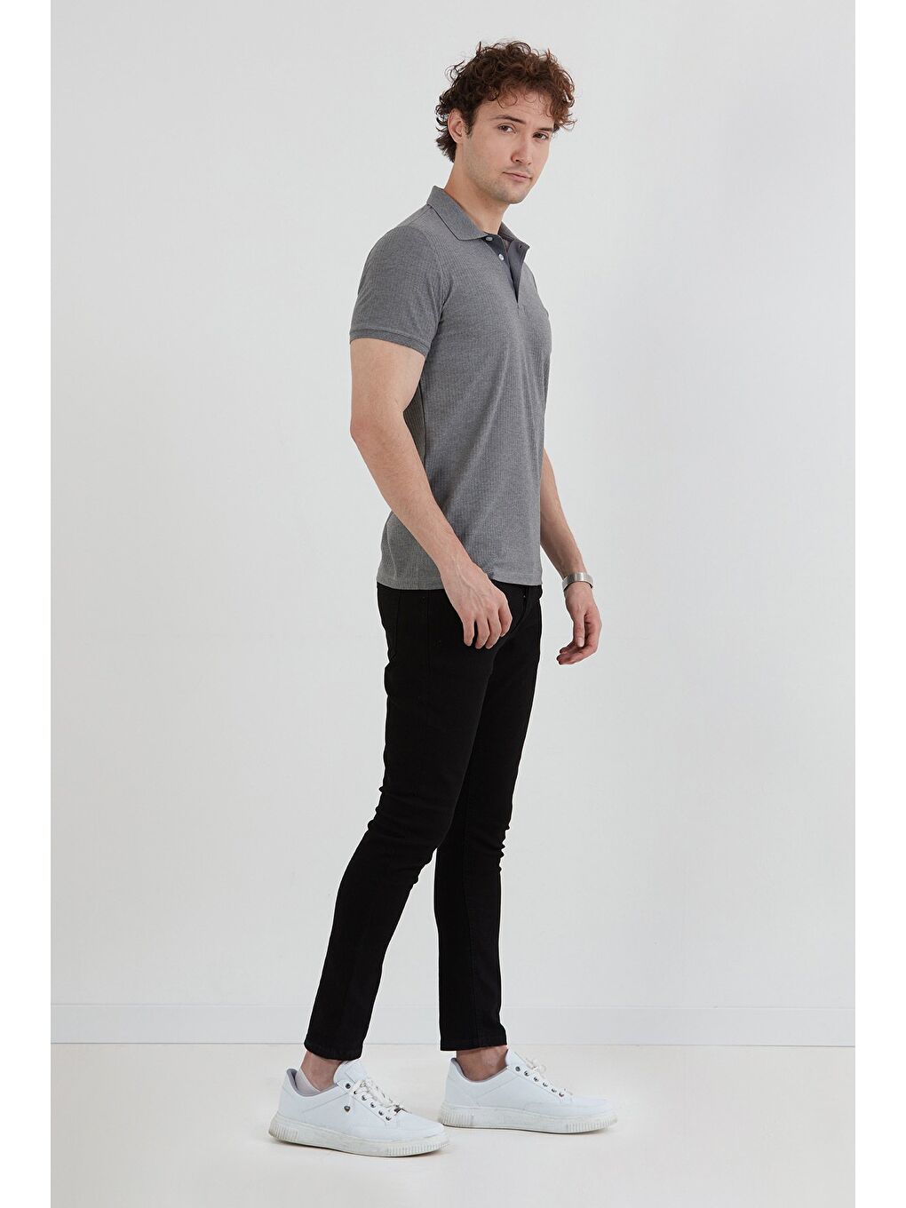 Gri Fitilli Düğmeli Polo Yaka Slim Fit Tişört-2