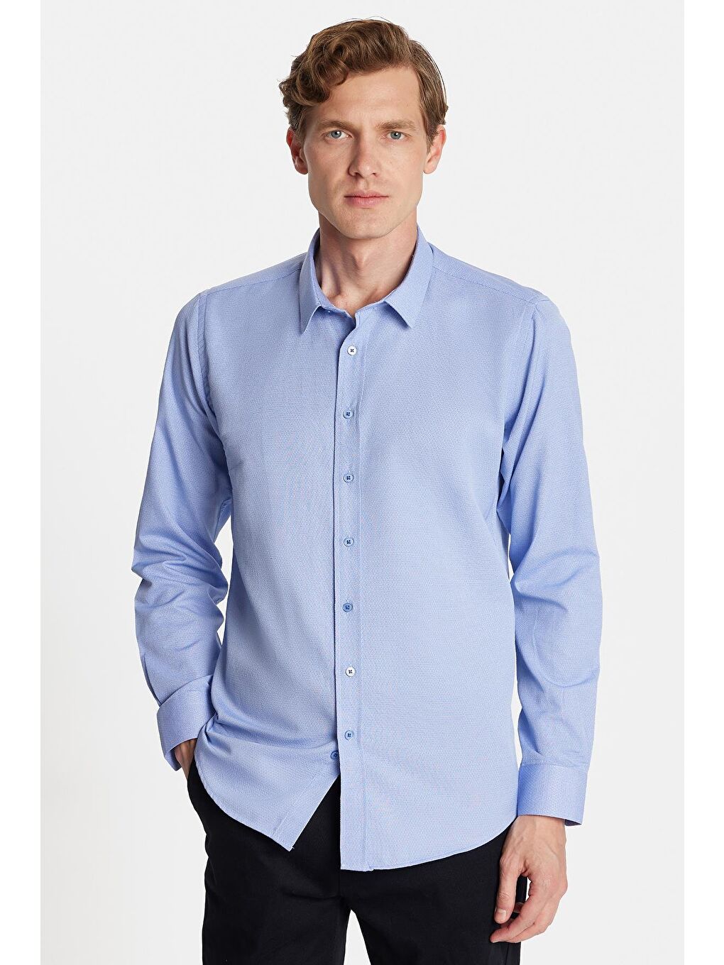 Modern Slim Fit Uzun Kollu Pamuklu Kolay Ütü Armürlü Mavi Erkek Gömlek
