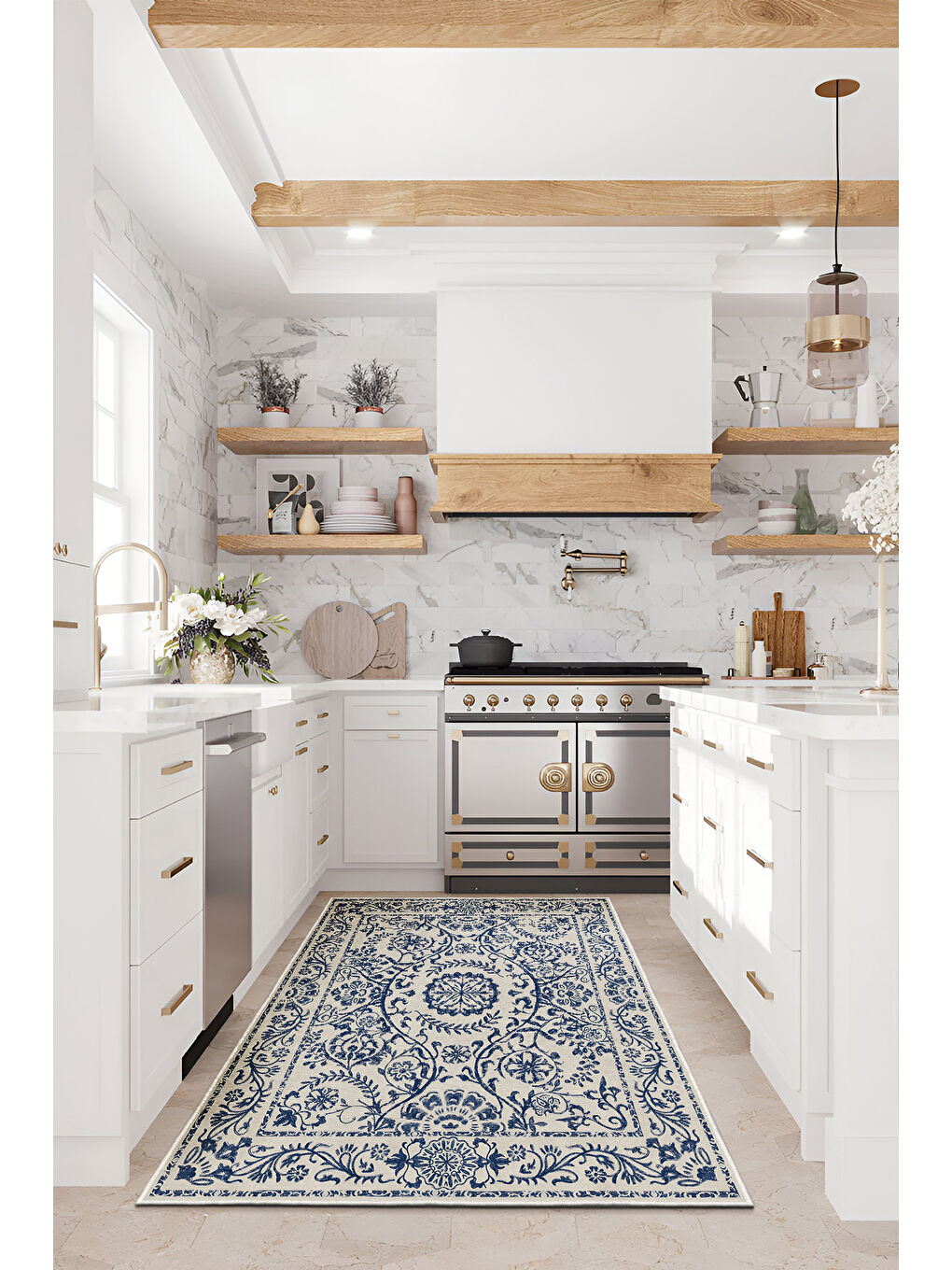 Mavi Dekoratif Özel Tasarım Yıkanabilir İnce Kaymaz Tabanlı Modern Halı KECE FR11-4