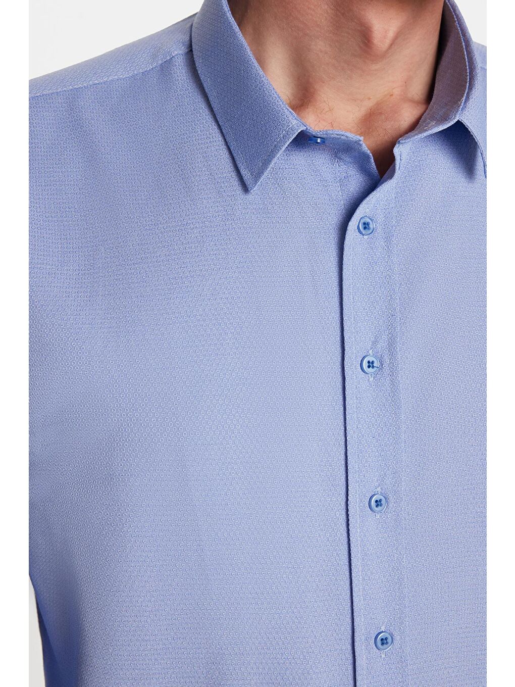 Modern Slim Fit Uzun Kollu Pamuklu Kolay Ütü Armürlü Mavi Erkek Gömlek-2