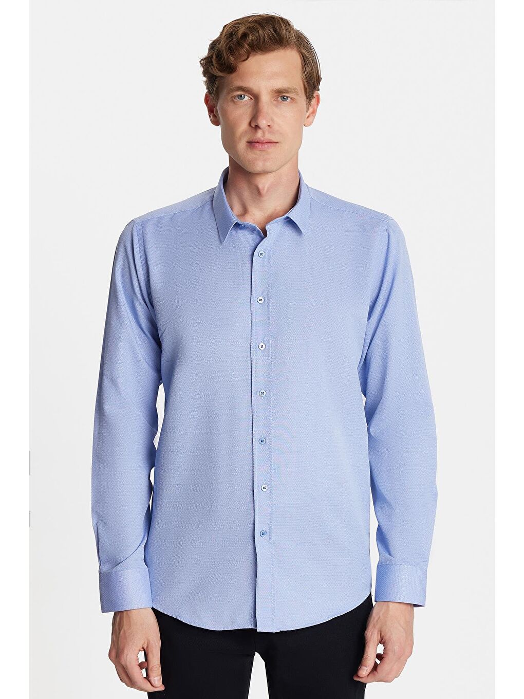 Modern Slim Fit Uzun Kollu Pamuklu Kolay Ütü Armürlü Mavi Erkek Gömlek-3
