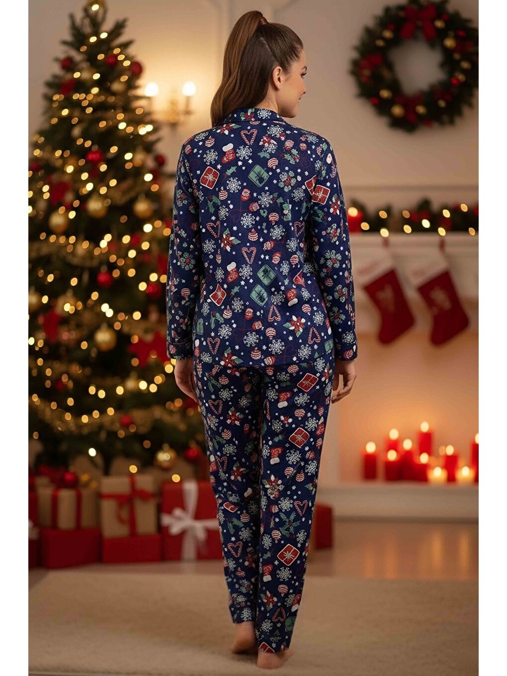 Desenli Baskılı Pijama Takımı Lacivert - 28068-LACIVERT-1