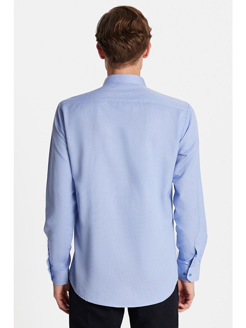 Modern Slim Fit Uzun Kollu Pamuklu Kolay Ütü Armürlü Mavi Erkek Gömlek-4