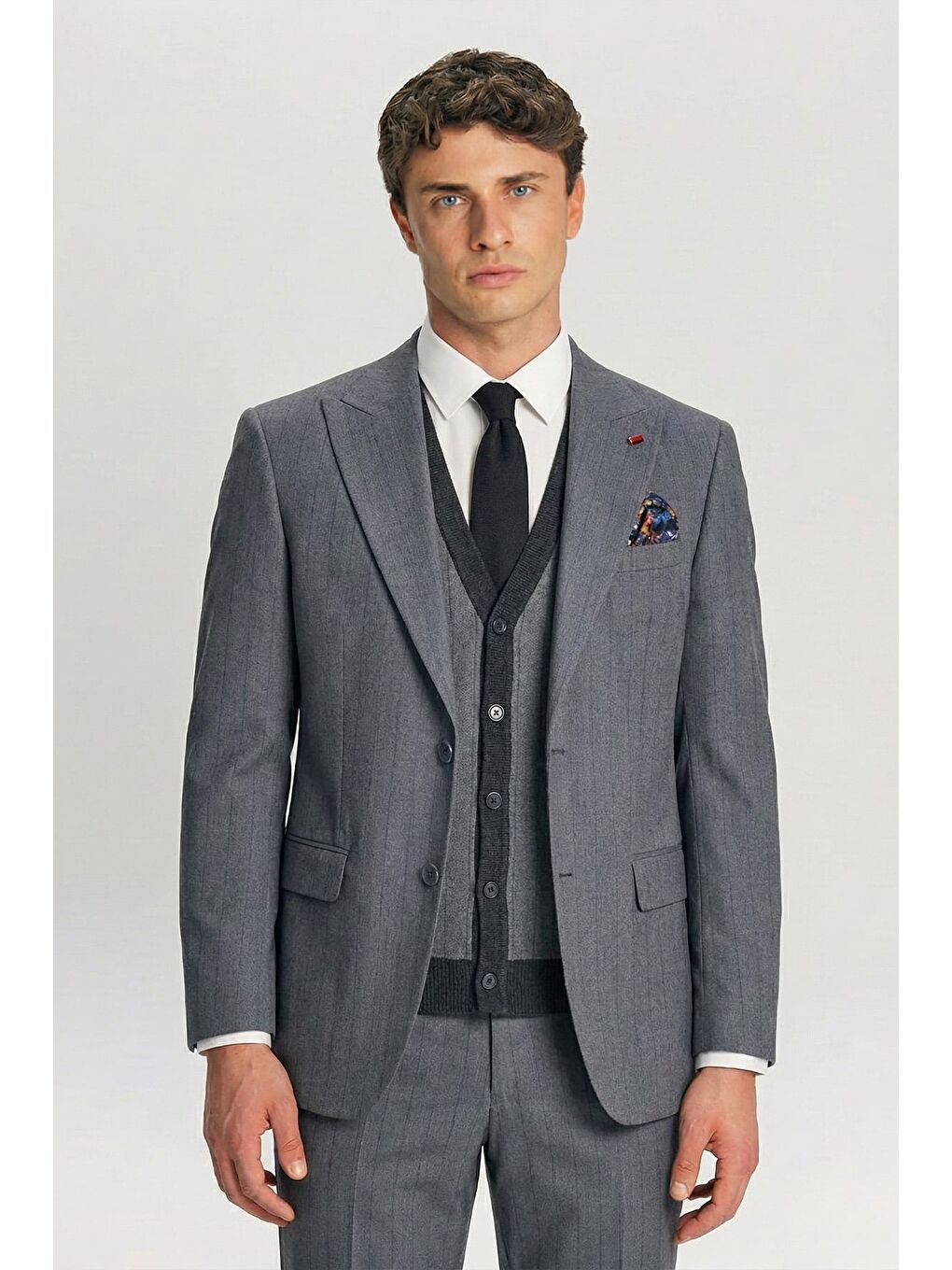 Giotelli Gri Triko Yelekli 6 Drop Polyester Viskon Karışımlı Erkek Takım Elbise