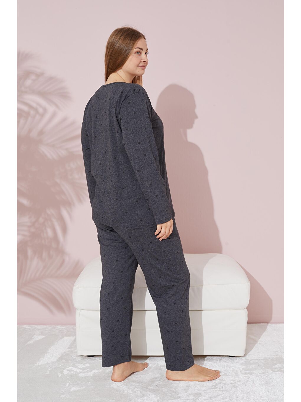 Antrasit Puan Desenli Curve Büyük Beden Örme Pamuklu Pijama Takımı-1