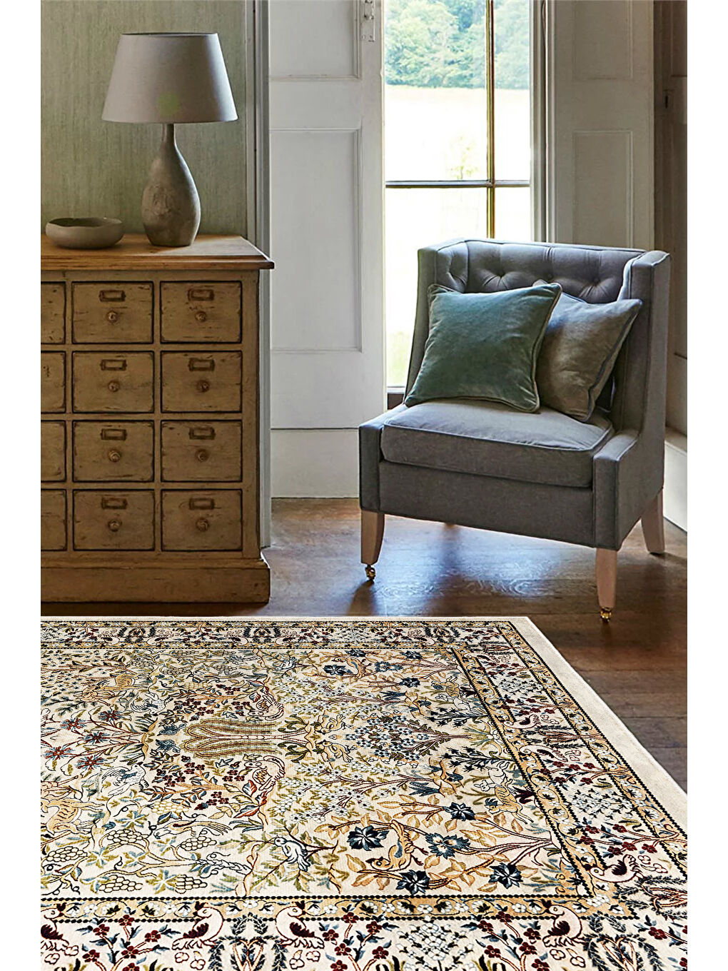 Ekru Dekoratif Özel Tasarım Yıkanabilir İnce Kaymaz Tabanlı Modern Halı KECE FR06-1