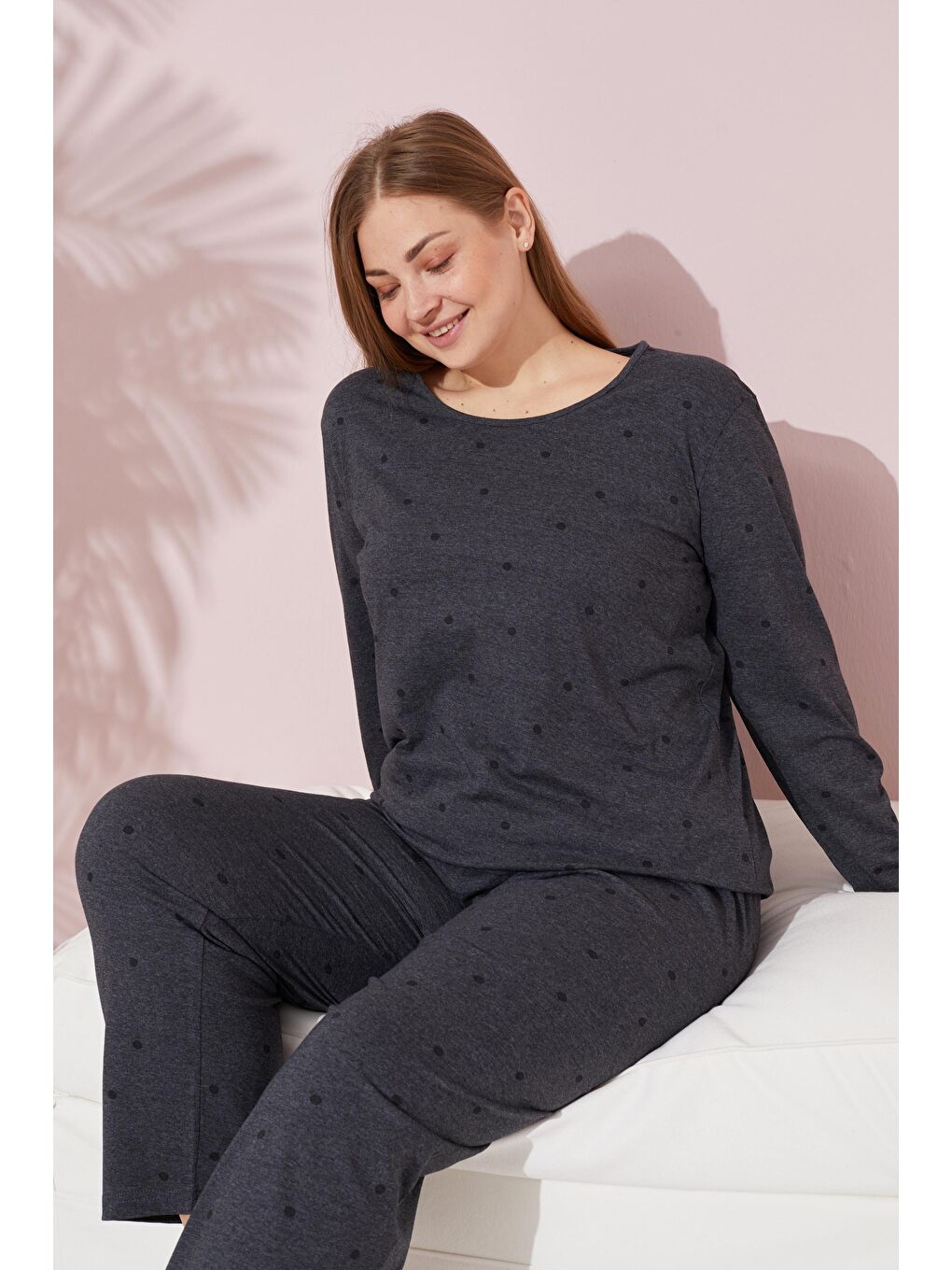 Antrasit Puan Desenli Curve Büyük Beden Örme Pamuklu Pijama Takımı-2