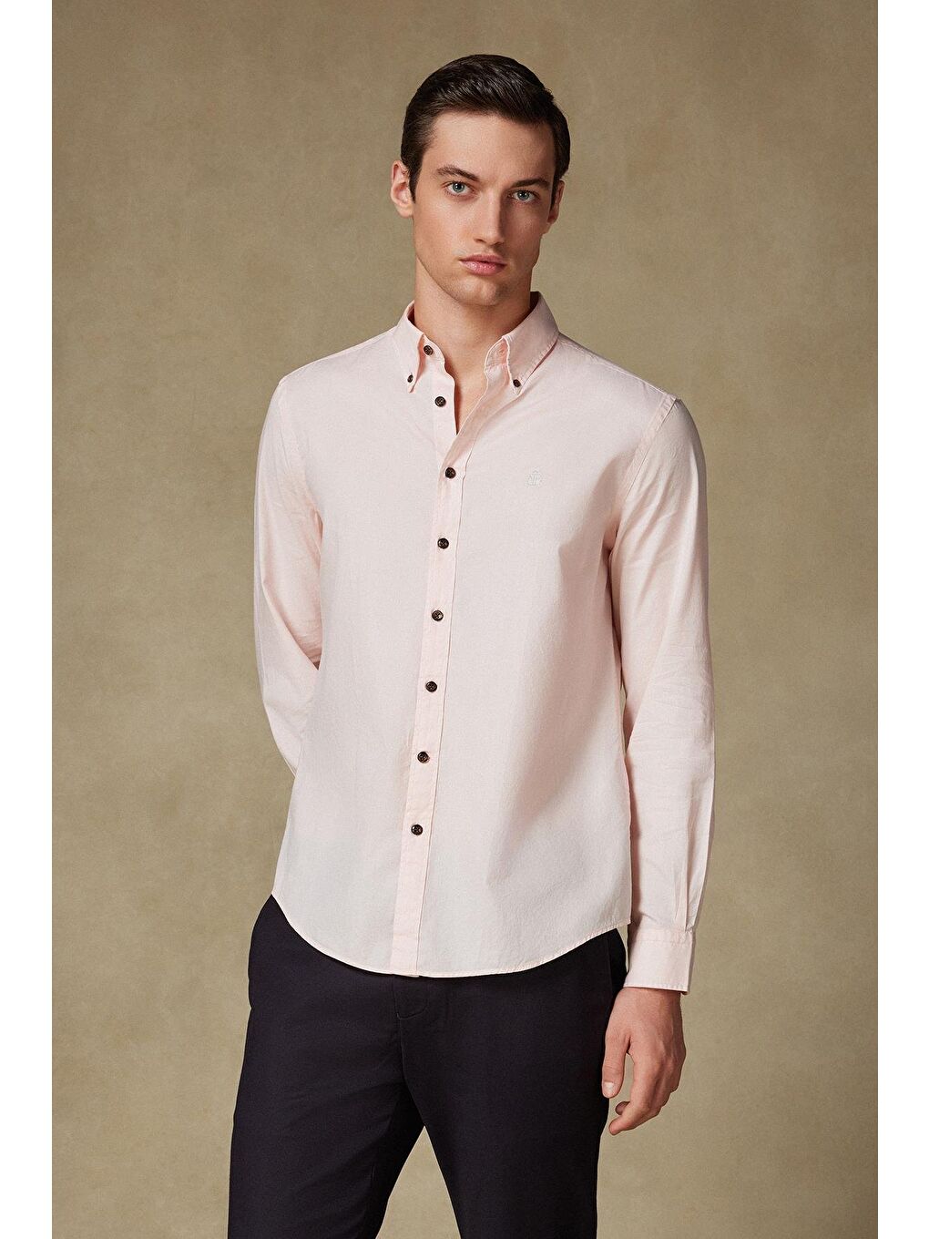 Mario Poplin Pamuklu Comfort Fit Pembe Düğmeli Yaka Erkek Düz Gömlek