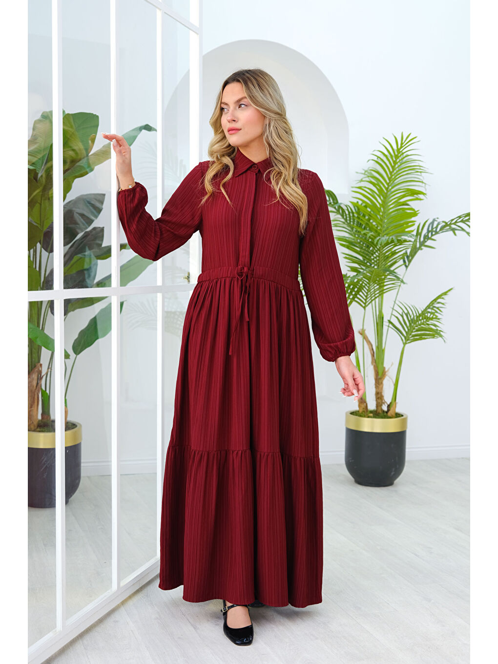 Locco Moda Kadın BEL BUZGULU ELBISE Bordo