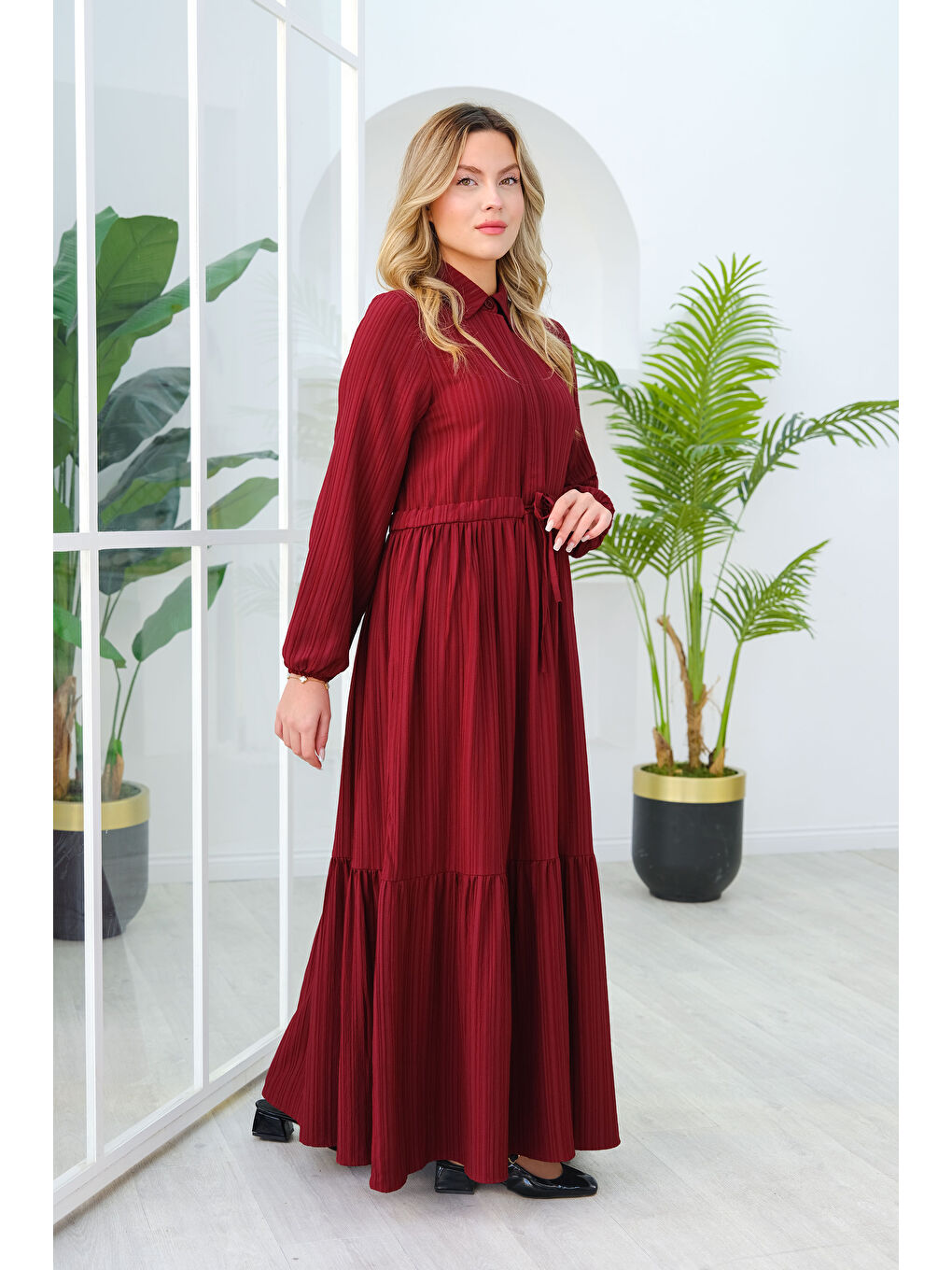 Locco Moda Kadın BEL BUZGULU ELBISE Bordo - 3