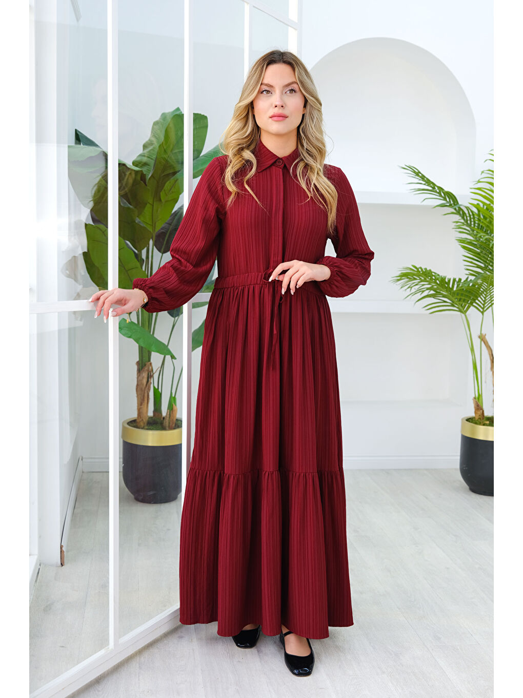 Locco Moda Kadın BEL BUZGULU ELBISE Bordo - 4