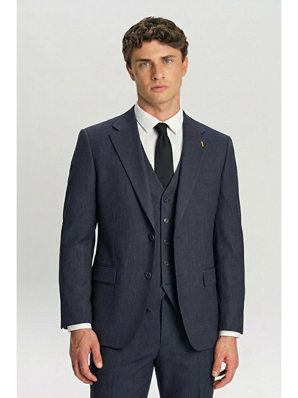 Giotelli Lacivert Slim Fit Çizgili Mono Yaka Yelekli 6 Drop Erkek Takım Elbise