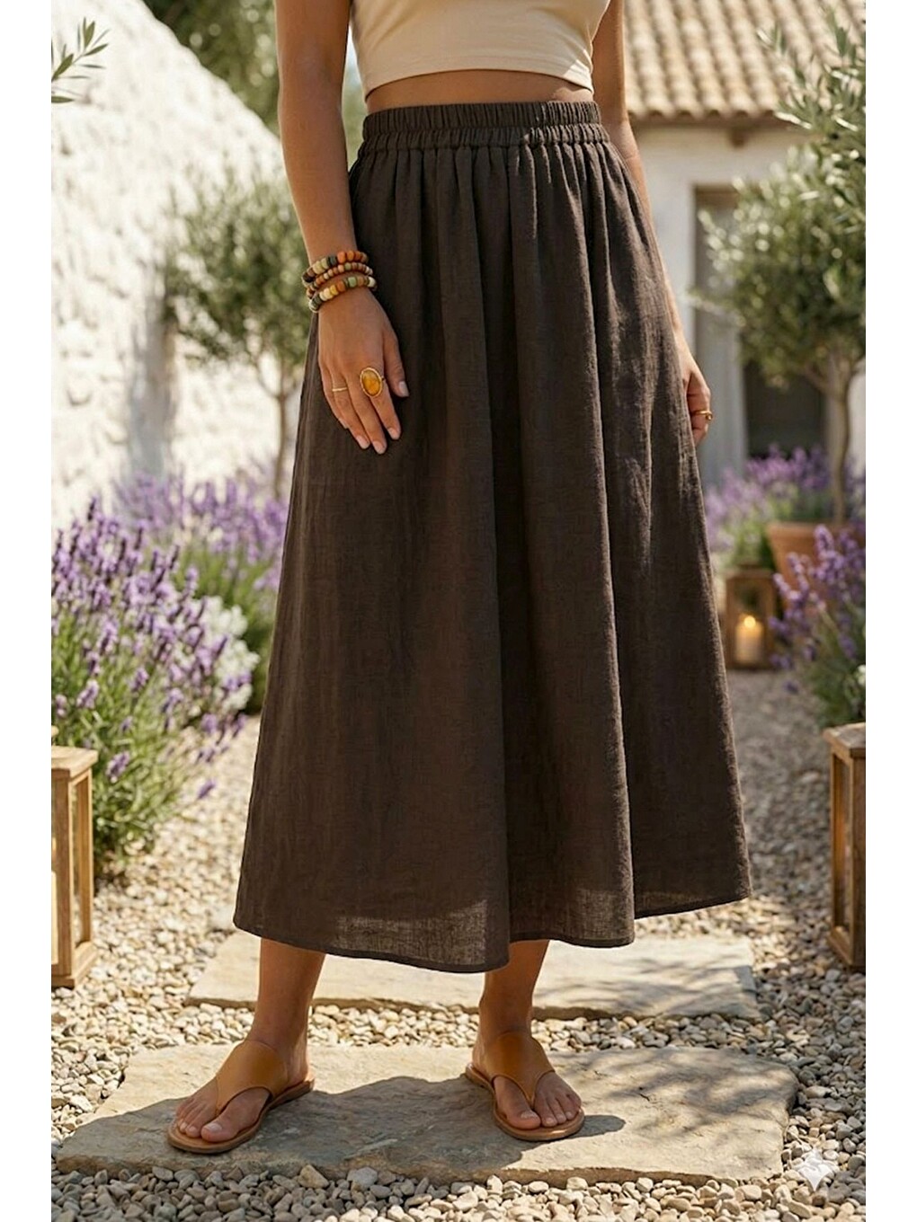 Kahverengi Gizli Cepli Kalın Yıkamalı Lastikli Bel Casual Gabardin Midi Boy Dokuma Etek 90 66