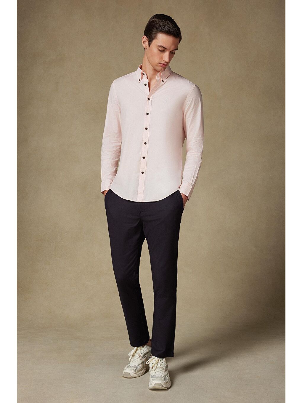 Mario Poplin Pamuklu Comfort Fit Pembe Düğmeli Yaka Erkek Düz Gömlek-2