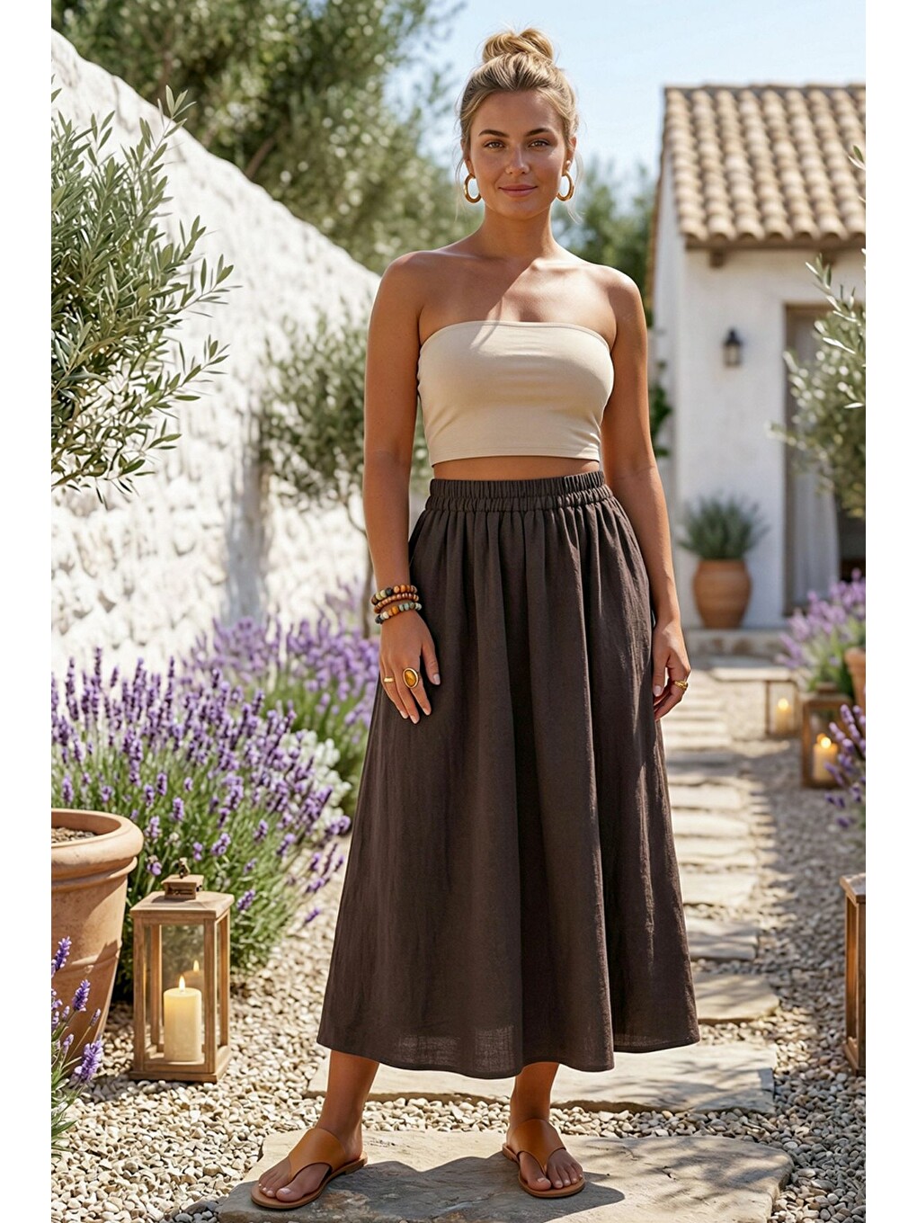 Kahverengi Gizli Cepli Kalın Yıkamalı Lastikli Bel Casual Gabardin Midi Boy Dokuma Etek 90 66-1