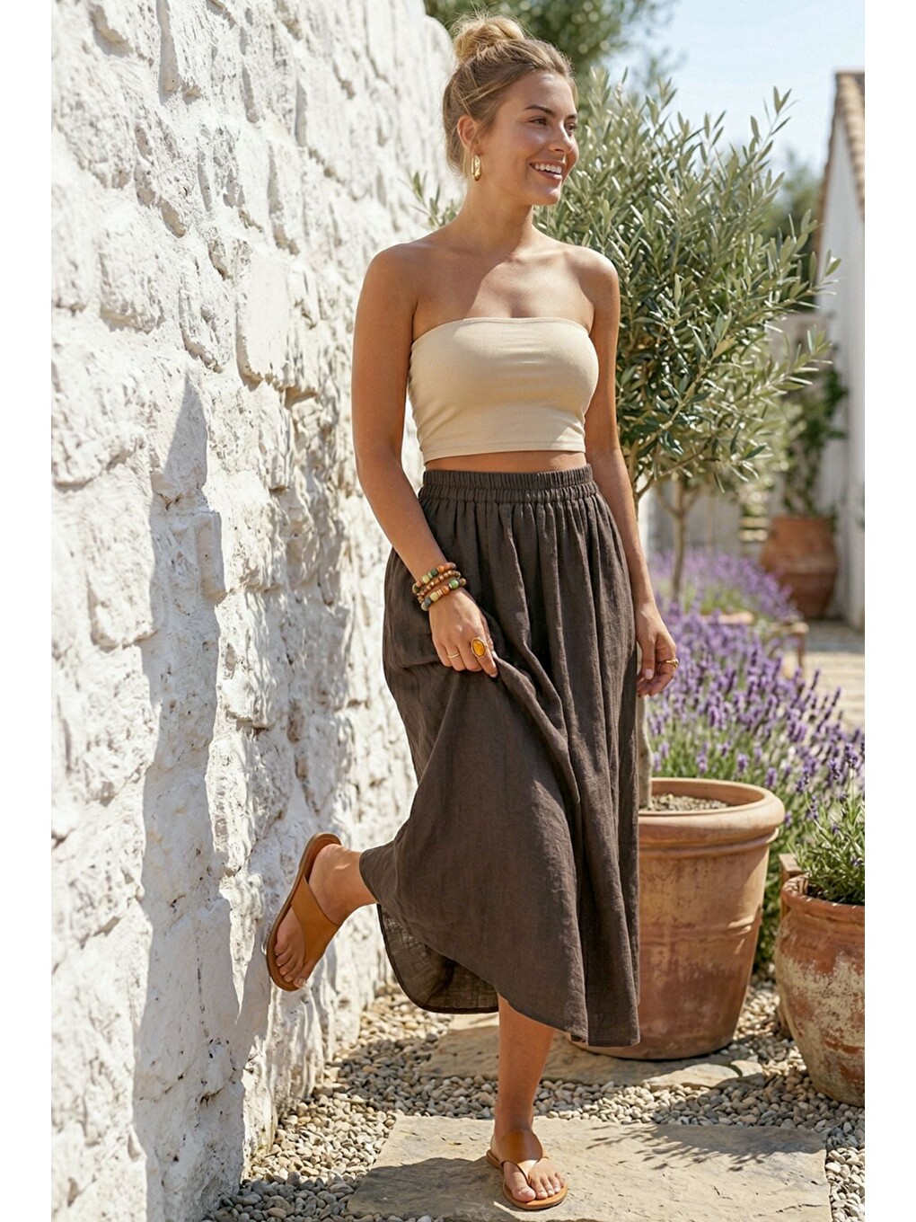 Kahverengi Gizli Cepli Kalın Yıkamalı Lastikli Bel Casual Gabardin Midi Boy Dokuma Etek 90 66-2