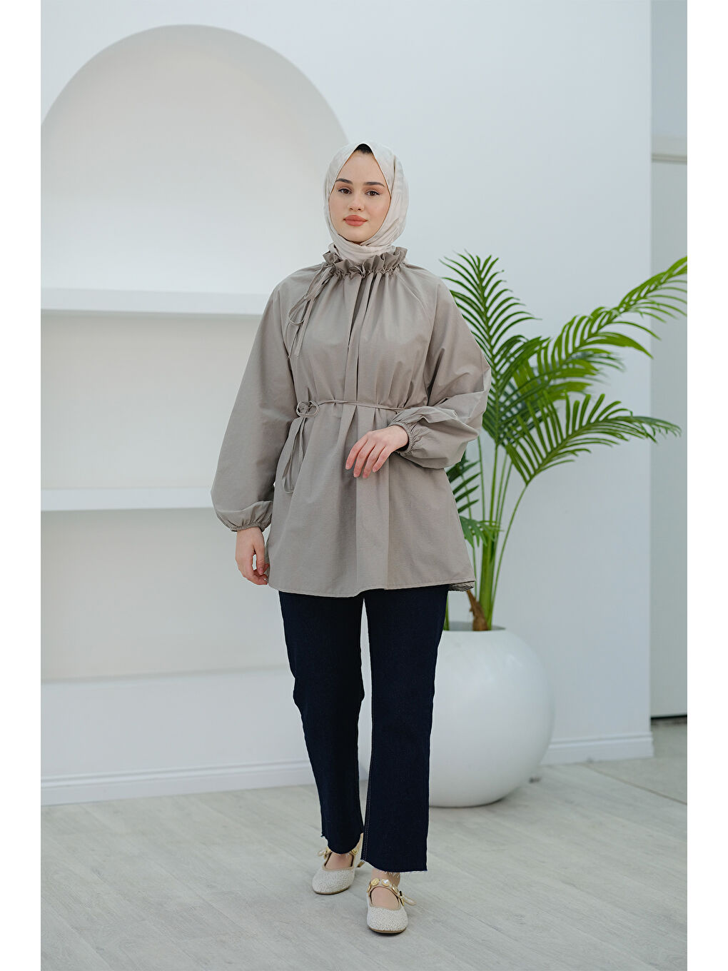 Kadın Yaka Büzgülü Bel Bağlamalı Tunik Gri-1