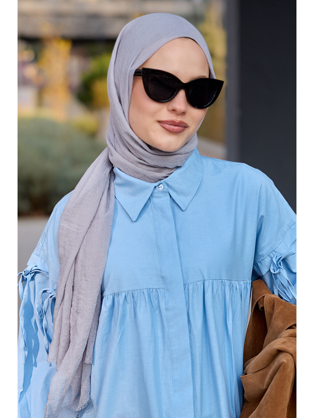 Kadın Kolu Bağcık Fiyonklu Gömlek Mavi-2