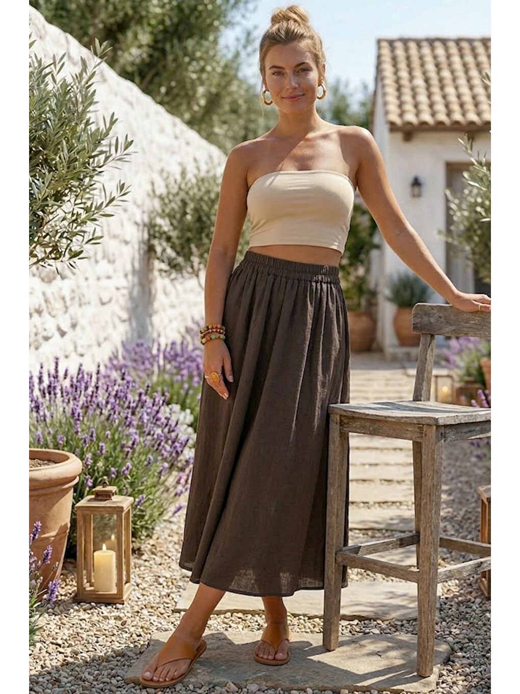 Kahverengi Gizli Cepli Kalın Yıkamalı Lastikli Bel Casual Gabardin Midi Boy Dokuma Etek 90 66-5