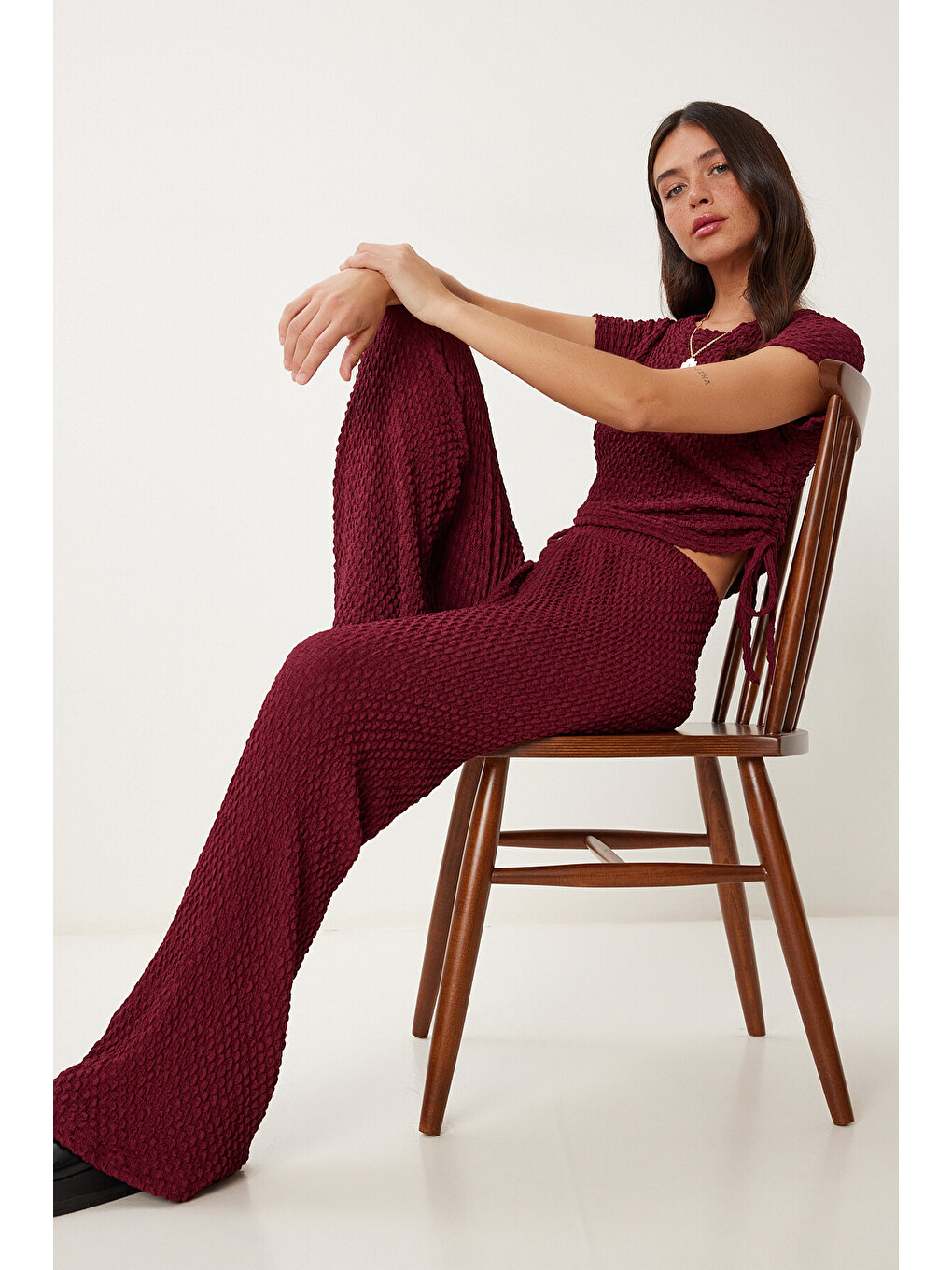 Bordo Dokulu Esnek Bluz Pantolon Takım BORDO LZV0011-1