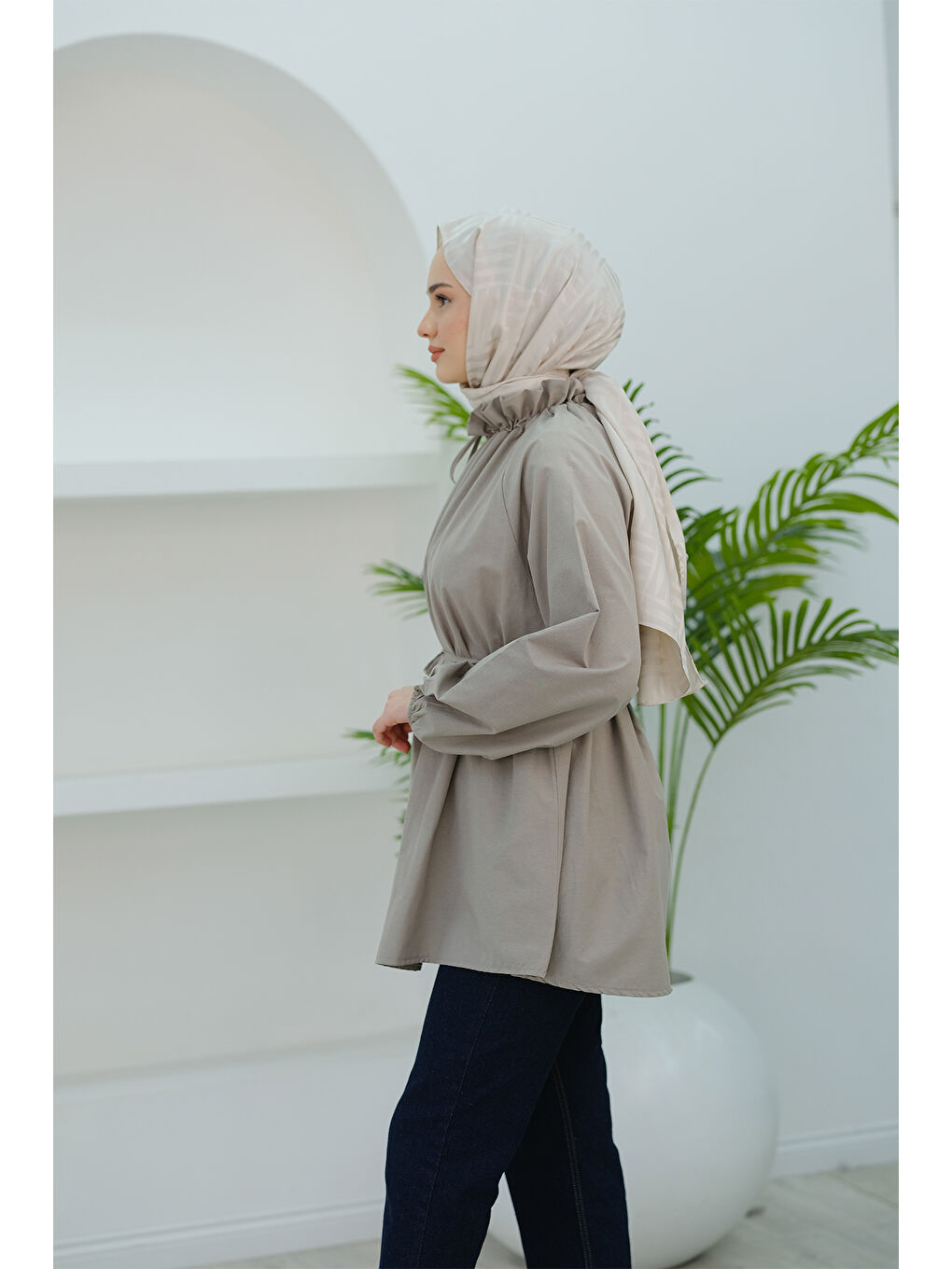 Kadın Yaka Büzgülü Bel Bağlamalı Tunik Gri-2