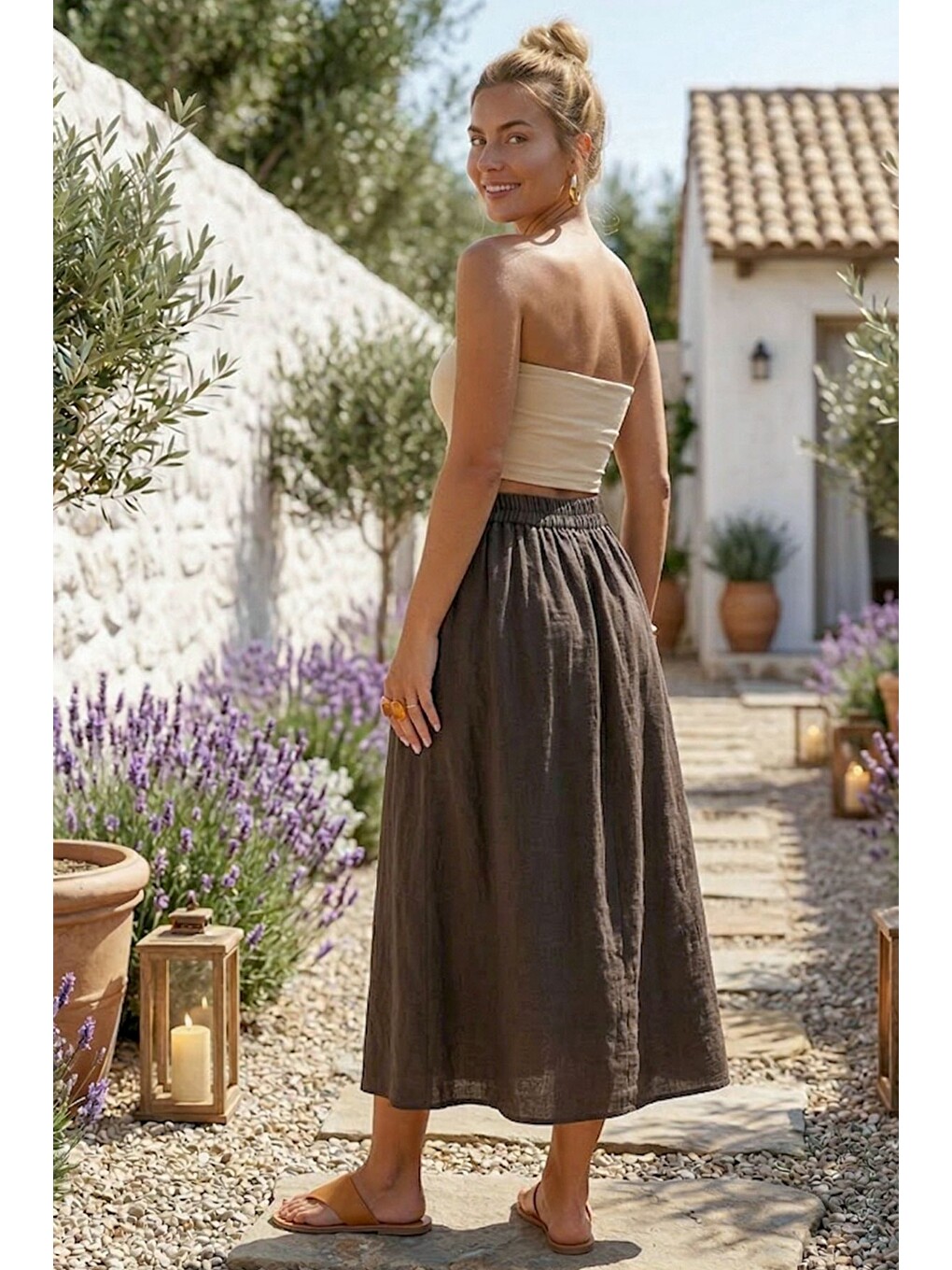 Kahverengi Gizli Cepli Kalın Yıkamalı Lastikli Bel Casual Gabardin Midi Boy Dokuma Etek 90 66-6
