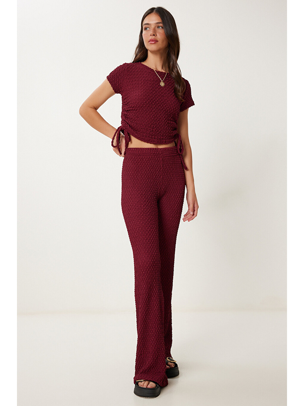 Bordo Dokulu Esnek Bluz Pantolon Takım BORDO LZV0011-2