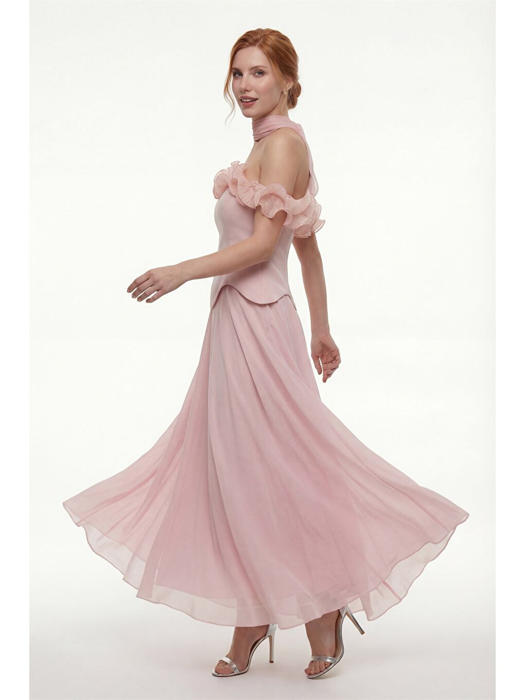 Pembe Kadın Pudra Fırfır Detaylı Uzun Söz Nişan Nikah Abiye Elbise