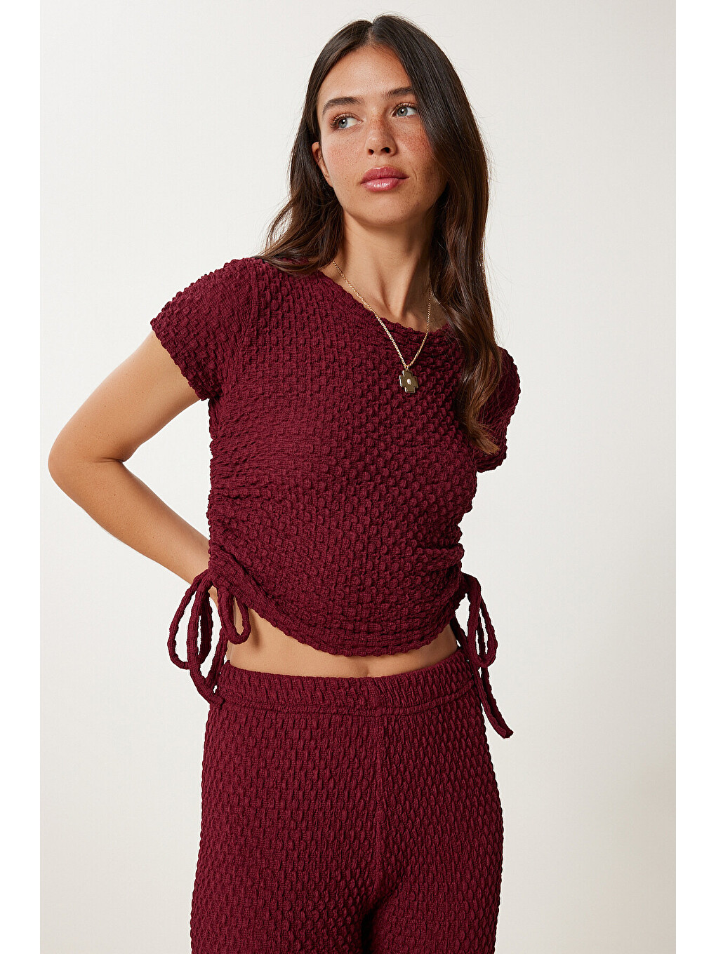 Bordo Dokulu Esnek Bluz Pantolon Takım BORDO LZV0011-3