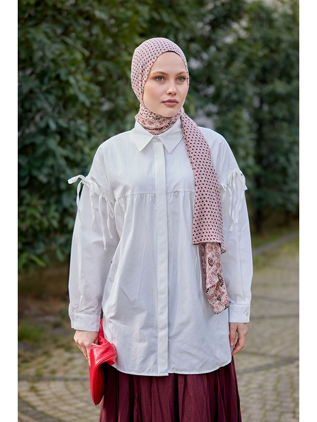 Kadın Kolu Bağcık Fiyonklu Gömlek Beyaz-1