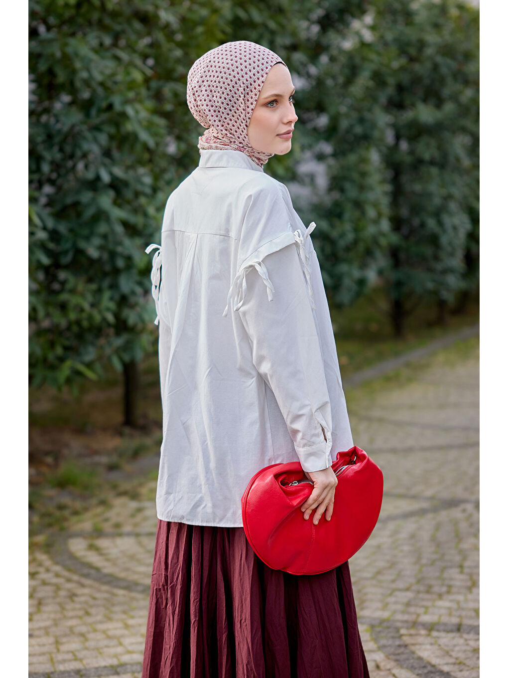 Kadın Kolu Bağcık Fiyonklu Gömlek Beyaz-3