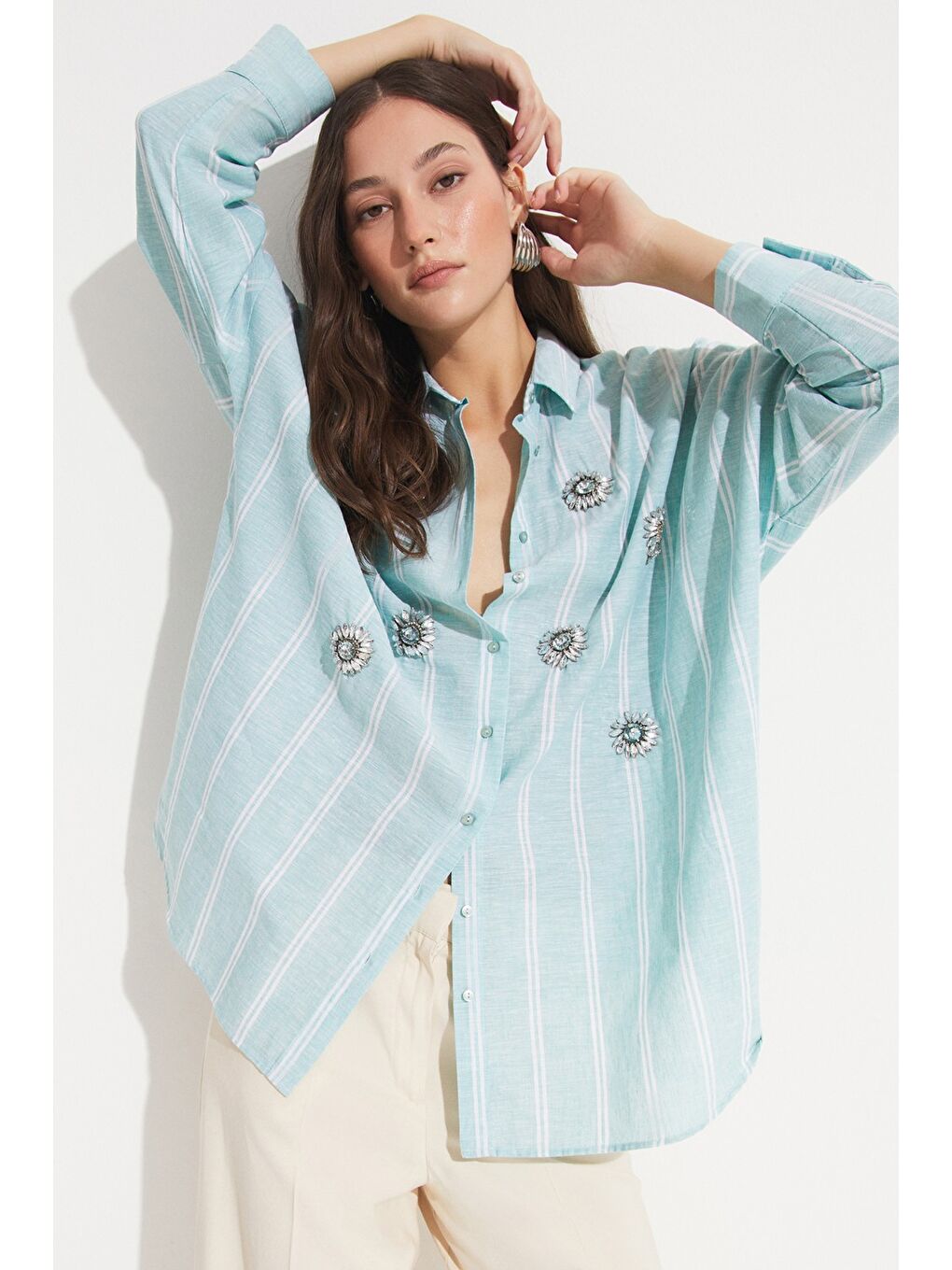 June Koyu Mint Yeşili Kadın Exclusive Oversize/bol Kesim Keten Karışımlı Işleme Detaylı Gömlek