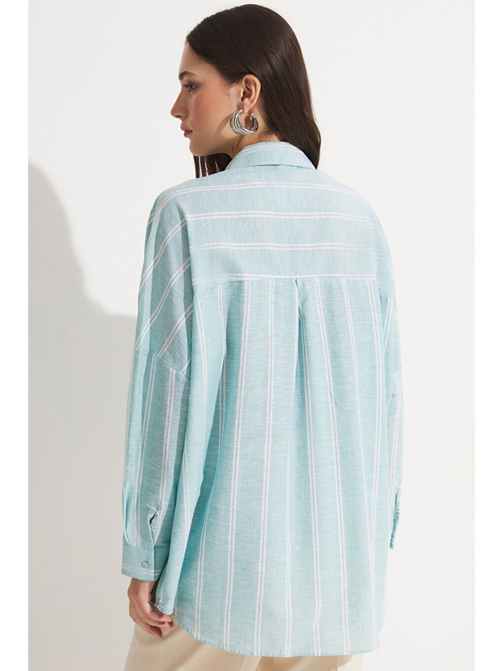 June Koyu Mint Yeşili Kadın Exclusive Oversize/bol Kesim Keten Karışımlı Işleme Detaylı Gömlek - 3