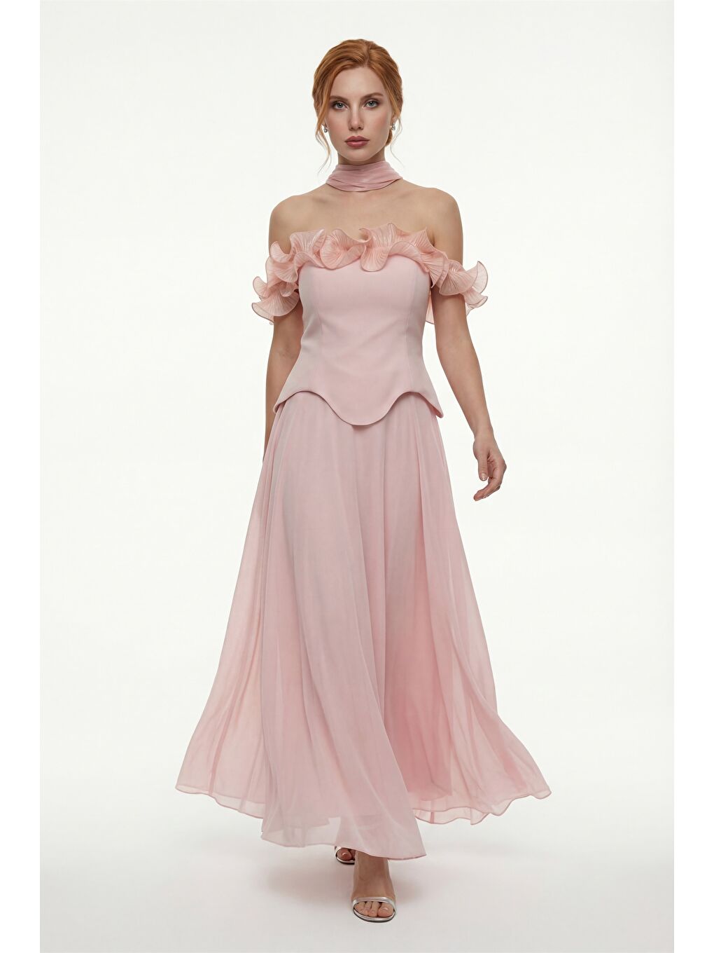 Pembe Kadın Pudra Fırfır Detaylı Uzun Söz Nişan Nikah Abiye Elbise-1