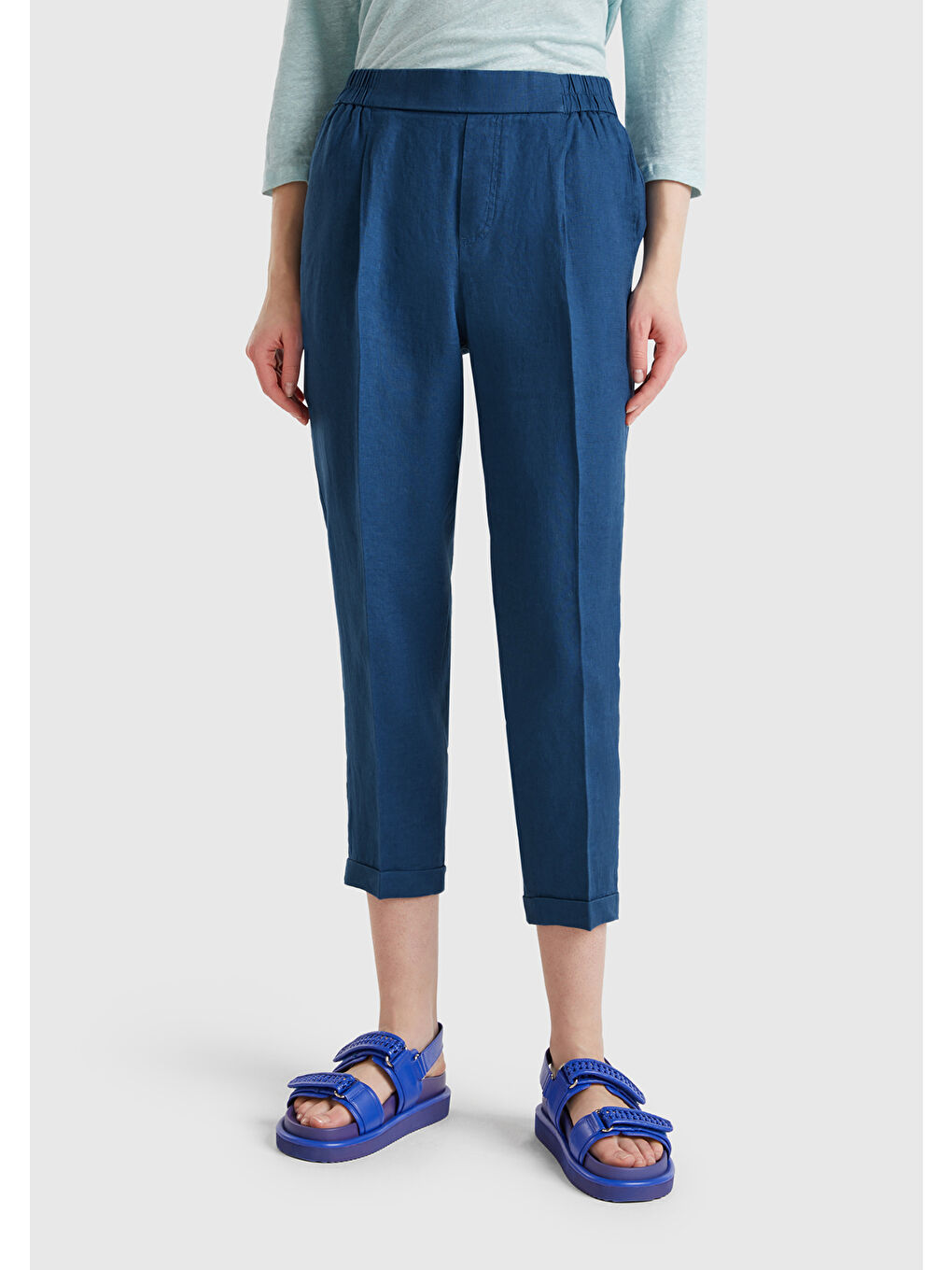 Mavi Kadın Denim %100 Keten Beli Lastikli Pantolon