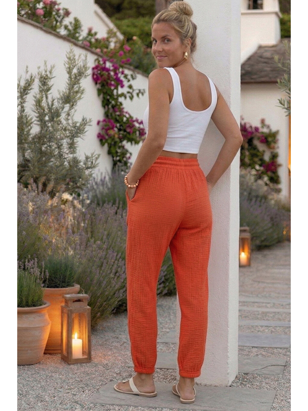 Kırmızı Narçiçeği Cepli Lastikli Ve Bağlamalı Bel Şalvar Paça Casual Müslin Dokuma Pantolon 95 66-6