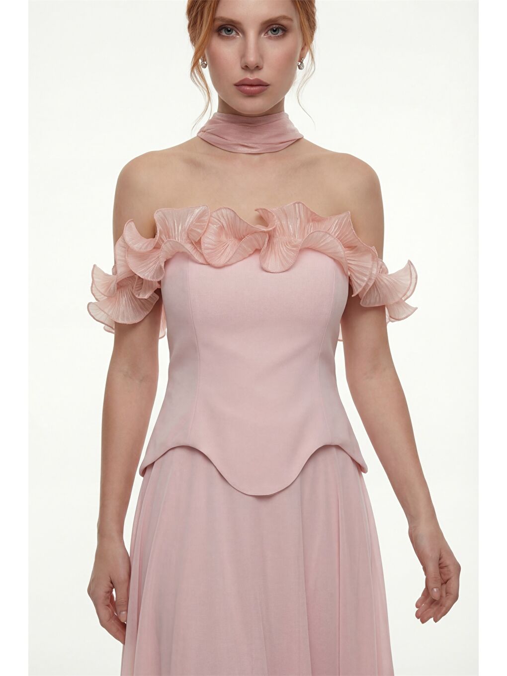 Pembe Kadın Pudra Fırfır Detaylı Uzun Söz Nişan Nikah Abiye Elbise-2