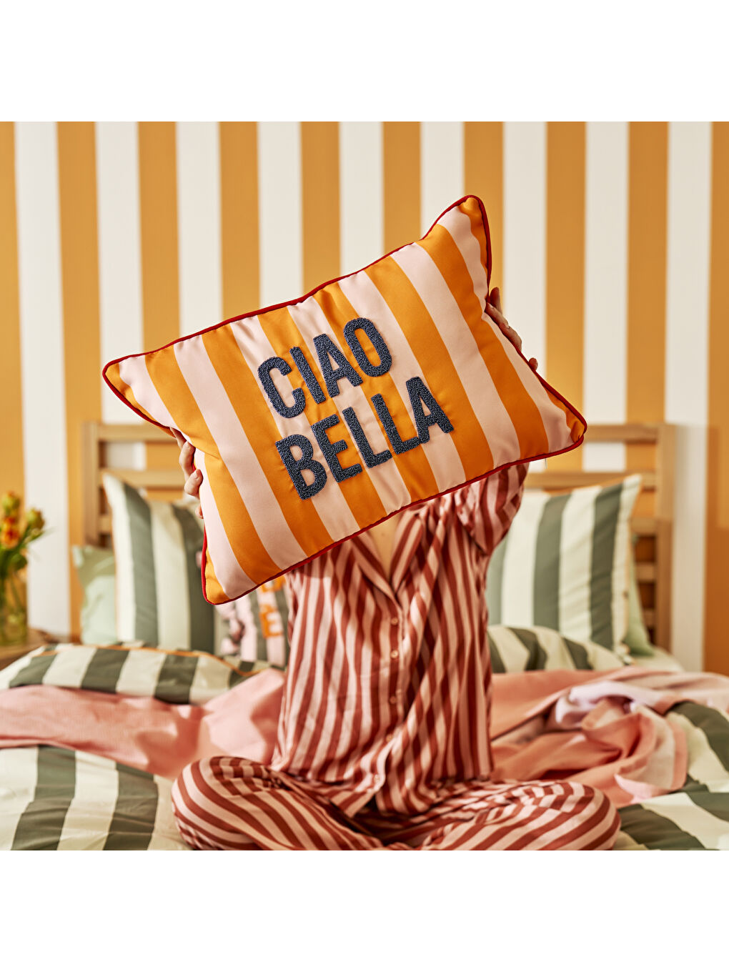 %100 Pamuk Line Mottolu Punchlı Kırlent Kılıfı Turuncu (35x50 cm)-4