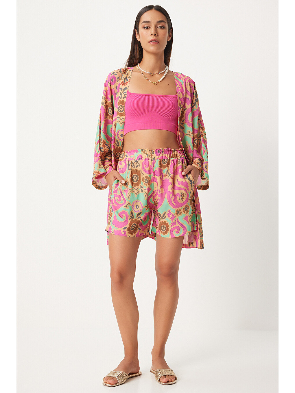 Bej Desenli Viskon Kimono Şort Takım BEJ PEMBE LWF0006-1