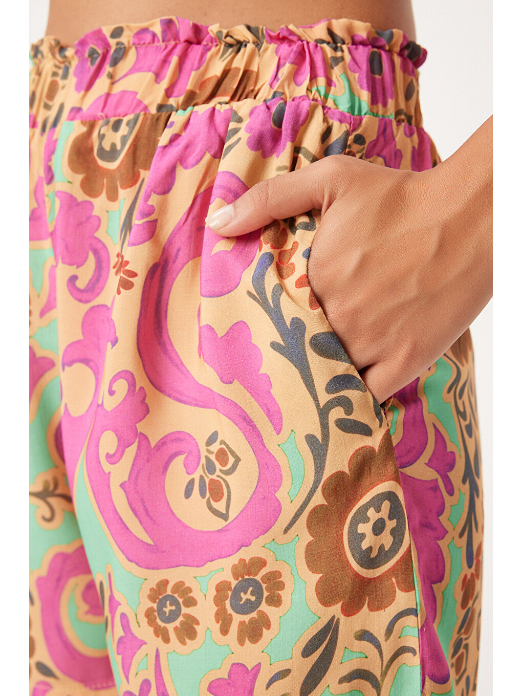 Bej Desenli Viskon Kimono Şort Takım BEJ PEMBE LWF0006-2