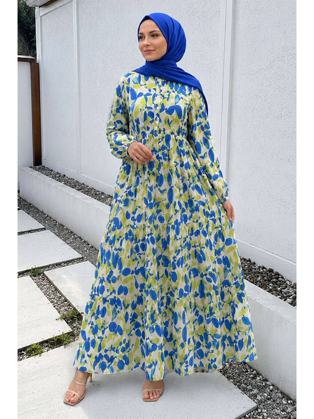 Pat Detaylı Yaprak Desenli Elbise Tsd260261 Mavi-2
