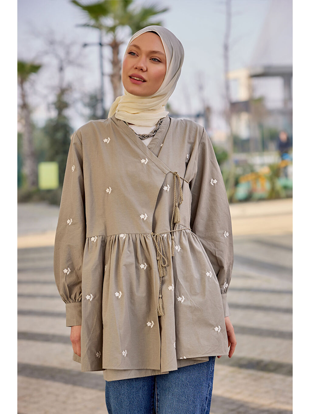 Kadın Nakış İşlemeli Yandan Bağlamalı Tunik Küf Yeşil-1