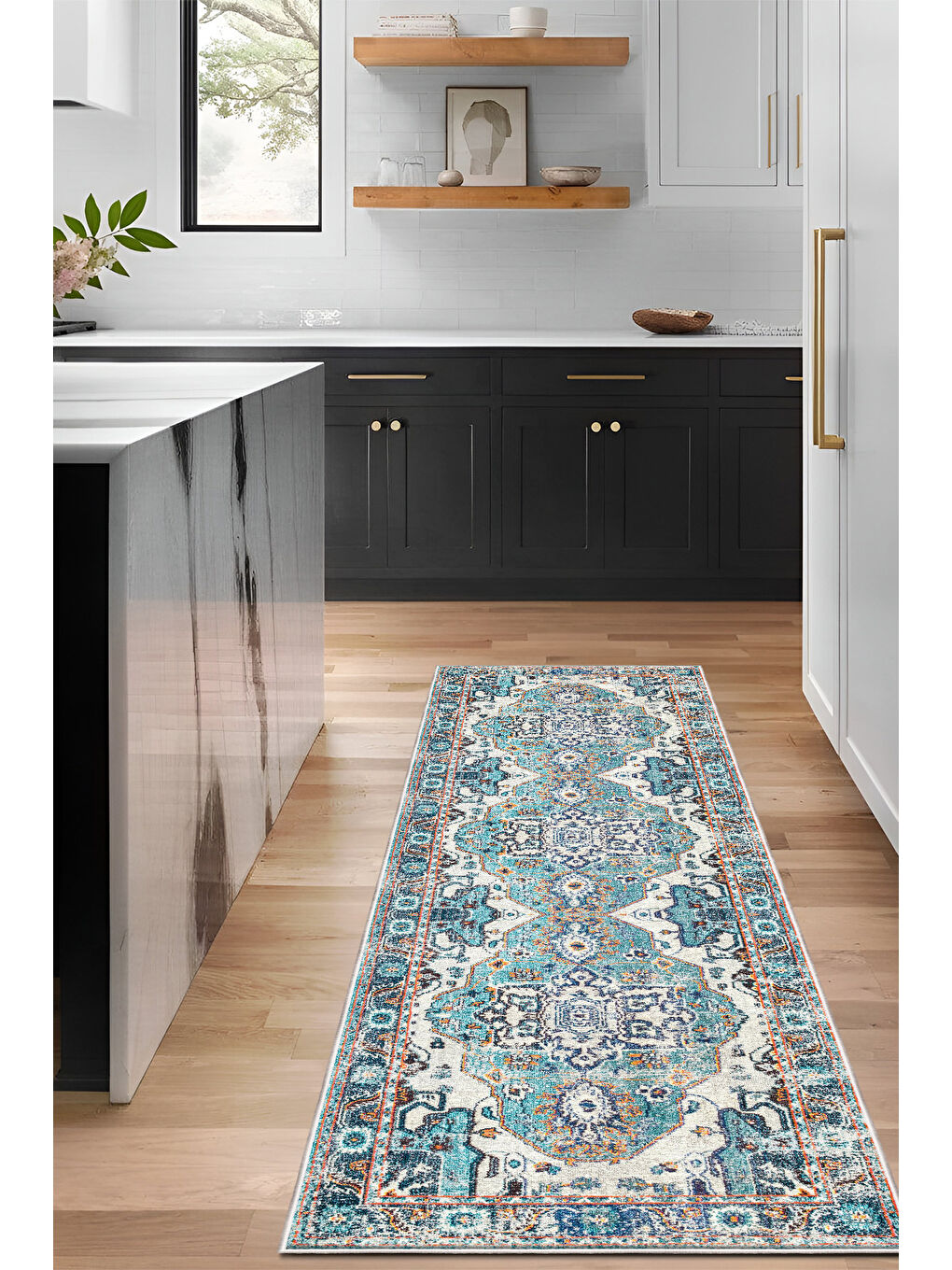 Mavi Dekoratif Özel Tasarım Yıkanabilir İnce Kaymaz Tabanlı Modern Halı KECE FR09-4