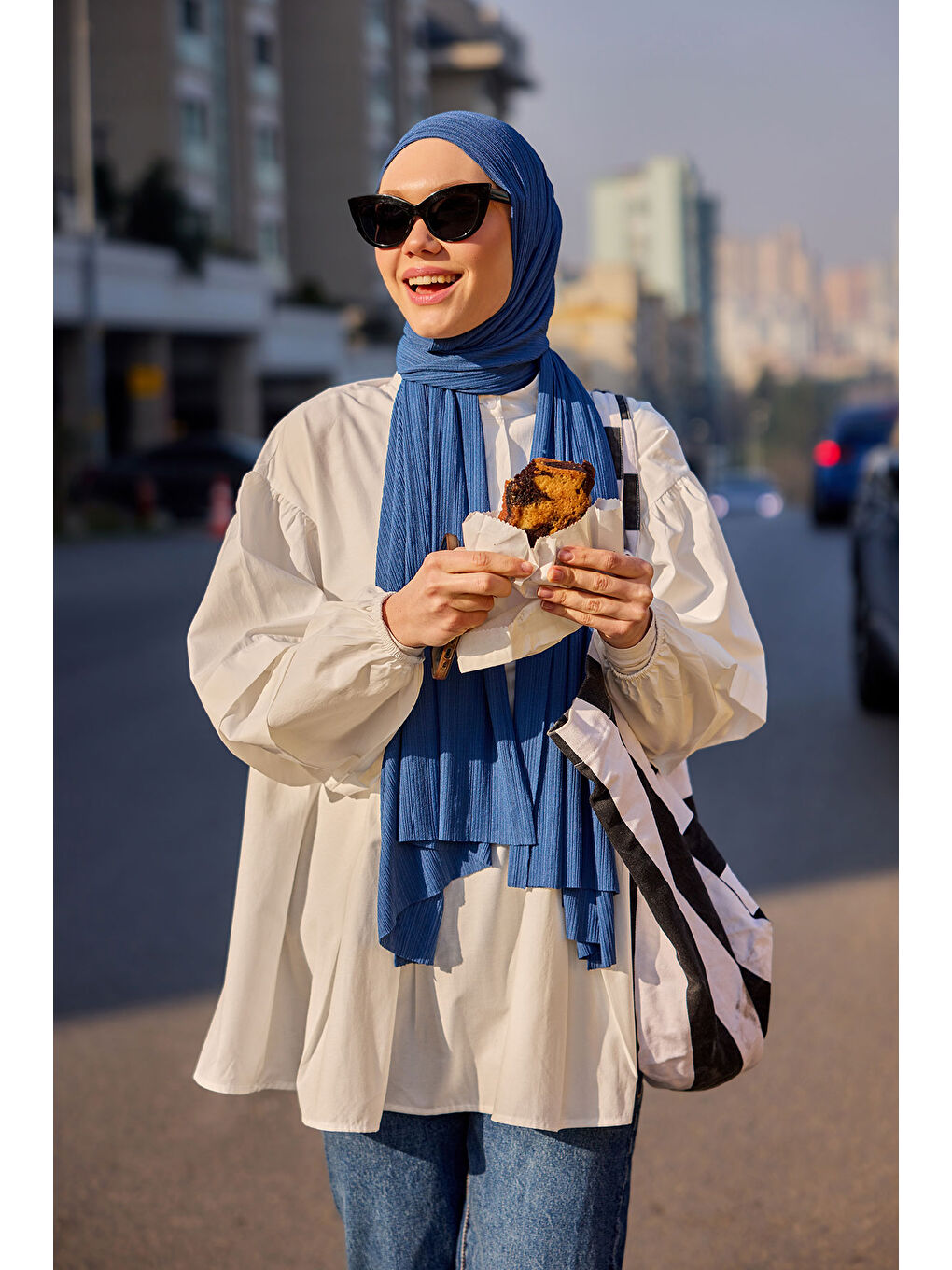 Kadın Balon Kol Pile Detaylı Tunik  Beyaz-1