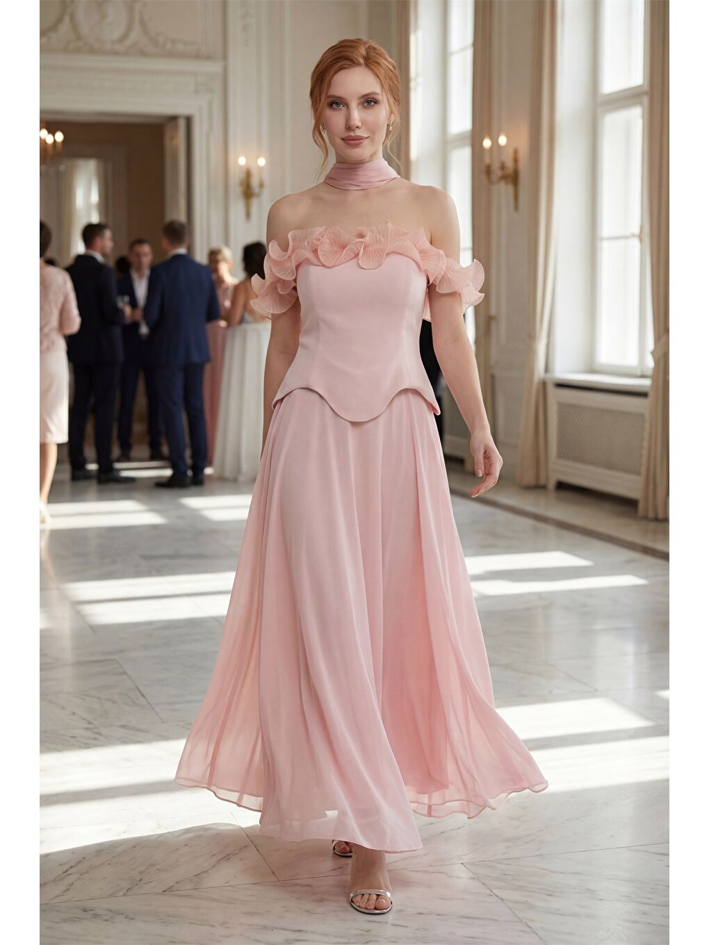 Pembe Kadın Pudra Fırfır Detaylı Uzun Söz Nişan Nikah Abiye Elbise-4