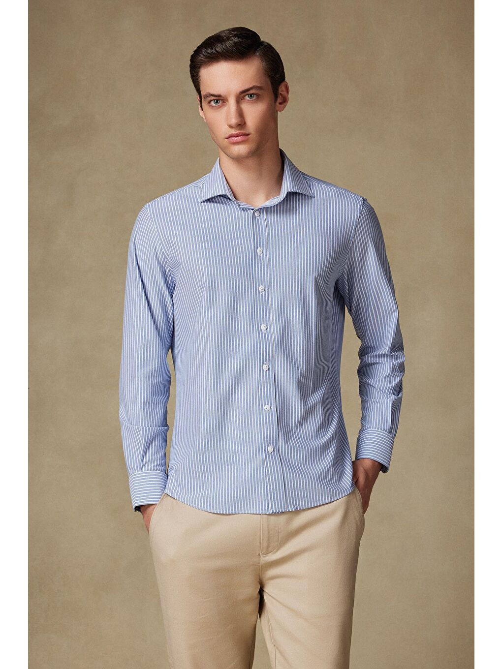 Floransa Jersey Pamuk Karışımlı Comfort Fit Lacivert Klasik Yaka Erkek Çizgili Gömlek