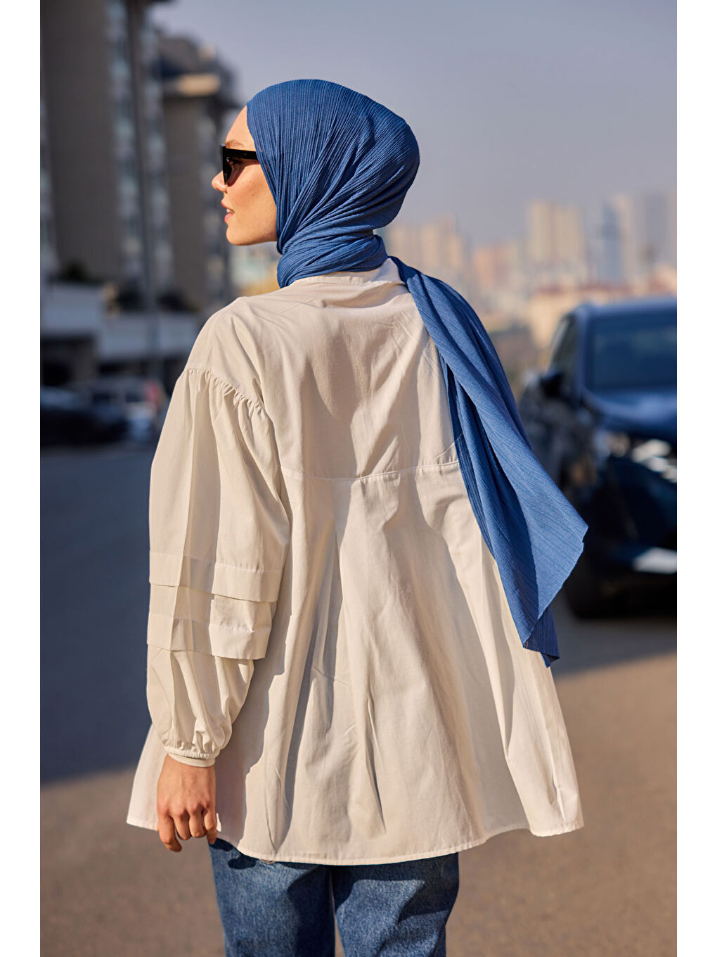 Kadın Balon Kol Pile Detaylı Tunik  Beyaz-3