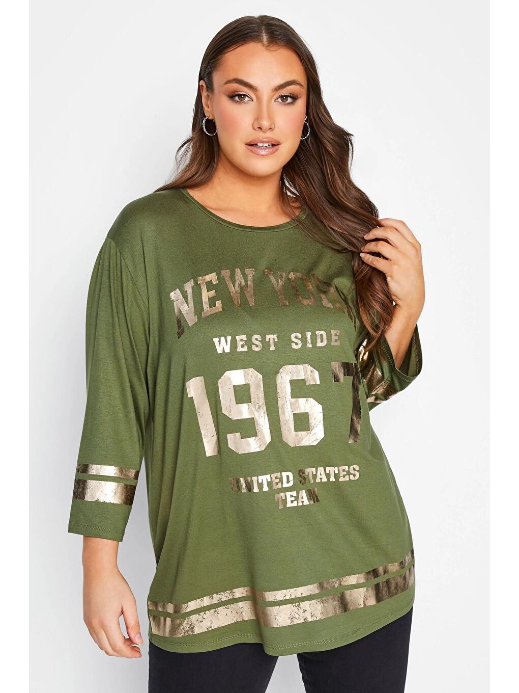 Haki Büyük Beden Fakir Kol Metalik Yazı Baskılı Bisiklet Yaka Bluz 301398